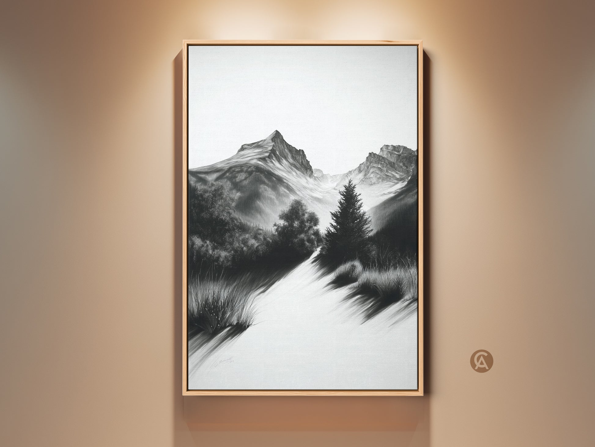 Monochrome mountain path art print in a wooden frame. This nature artwork features a black and white landscape sketch. A perfect housewarming gift for outdoor lovers. It has a modern farmhouse style.