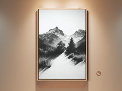 Monochrome mountain path art print in a wooden frame. This nature artwork features a black and white landscape sketch. A perfect housewarming gift for outdoor lovers. It has a modern farmhouse style.