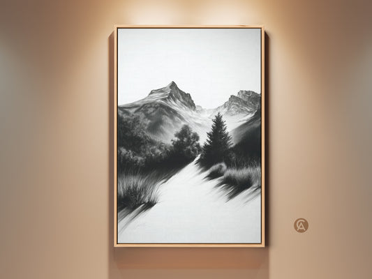 Monochrome mountain path art print in a wooden frame. This nature artwork features a black and white landscape sketch. A perfect housewarming gift for outdoor lovers. It has a modern farmhouse style.