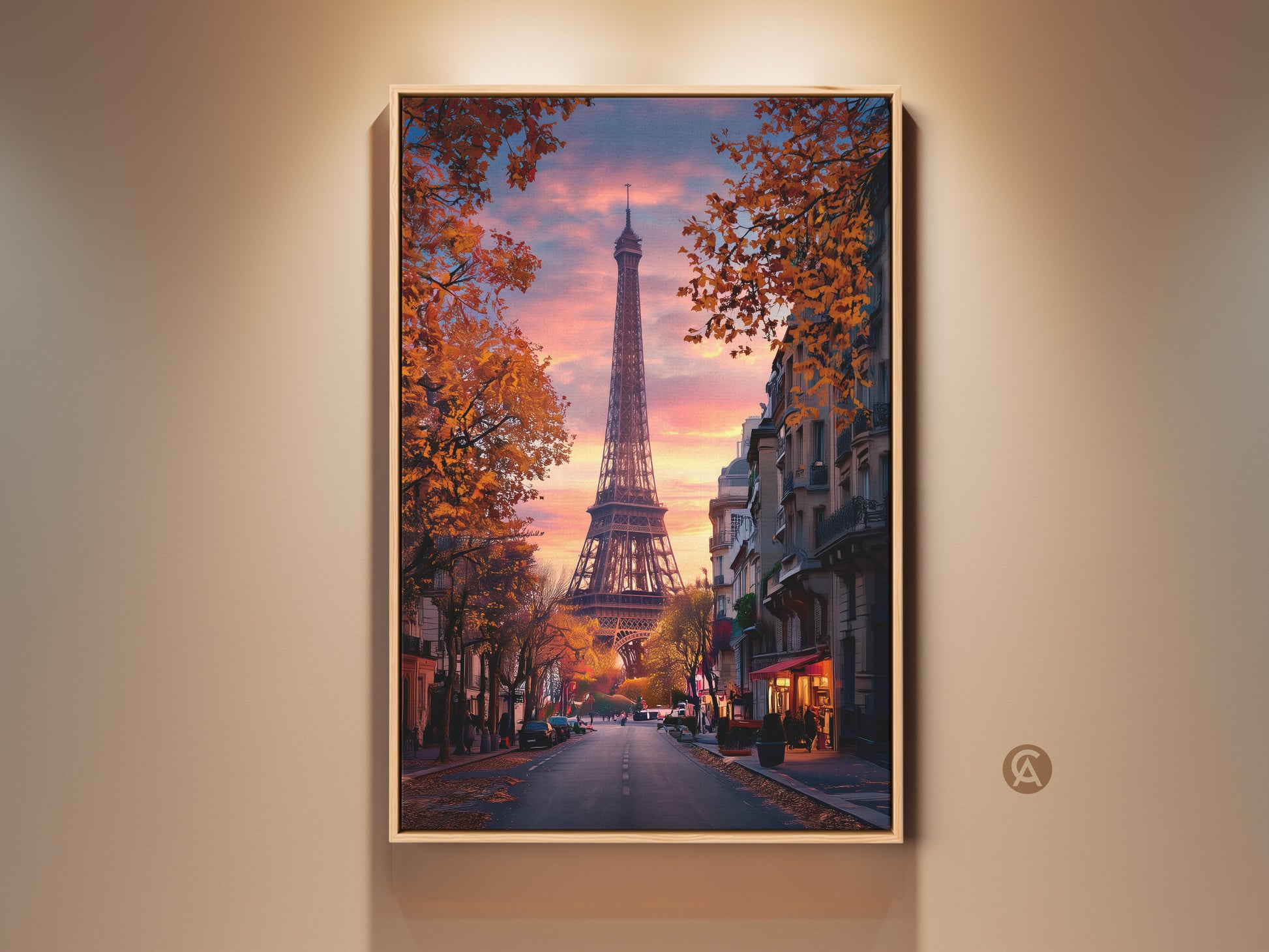 Eiffel Tower art print on a wall. This Parisian street canvas wall art captures a romantic cityscape with a sunset sky. The impressionistic bedroom decor features fall colors. An orange and blue landscape art for your living room.