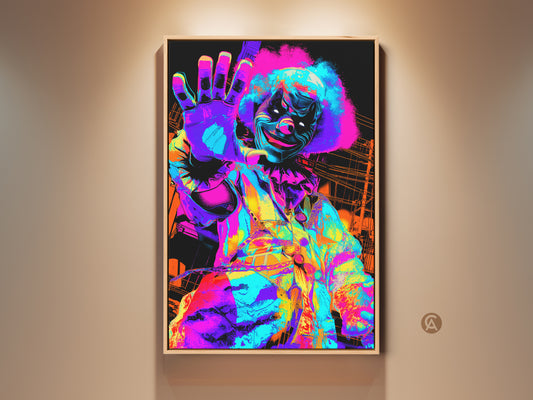Framed clown artwork in a vibrant neon color palette. The clown reaches out with an open hand. The artwork is displayed on a neutral wall. A modern and edgy piece. Perfect for adding a bold statement. It is available to purchase online.