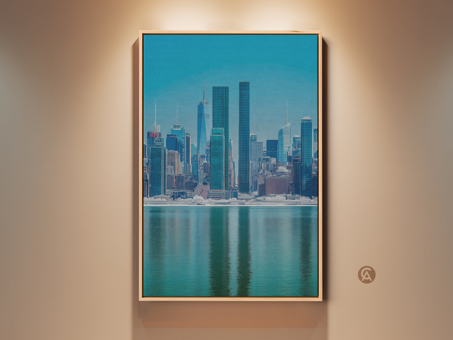 Modern NYC Skyline canvas art in a wood frame. This blue teal cityscape print offers a waterfront urban architecture view. Perfect wall decor for your office or living room. The contemporary artwork adds a touch of sophistication to any space.