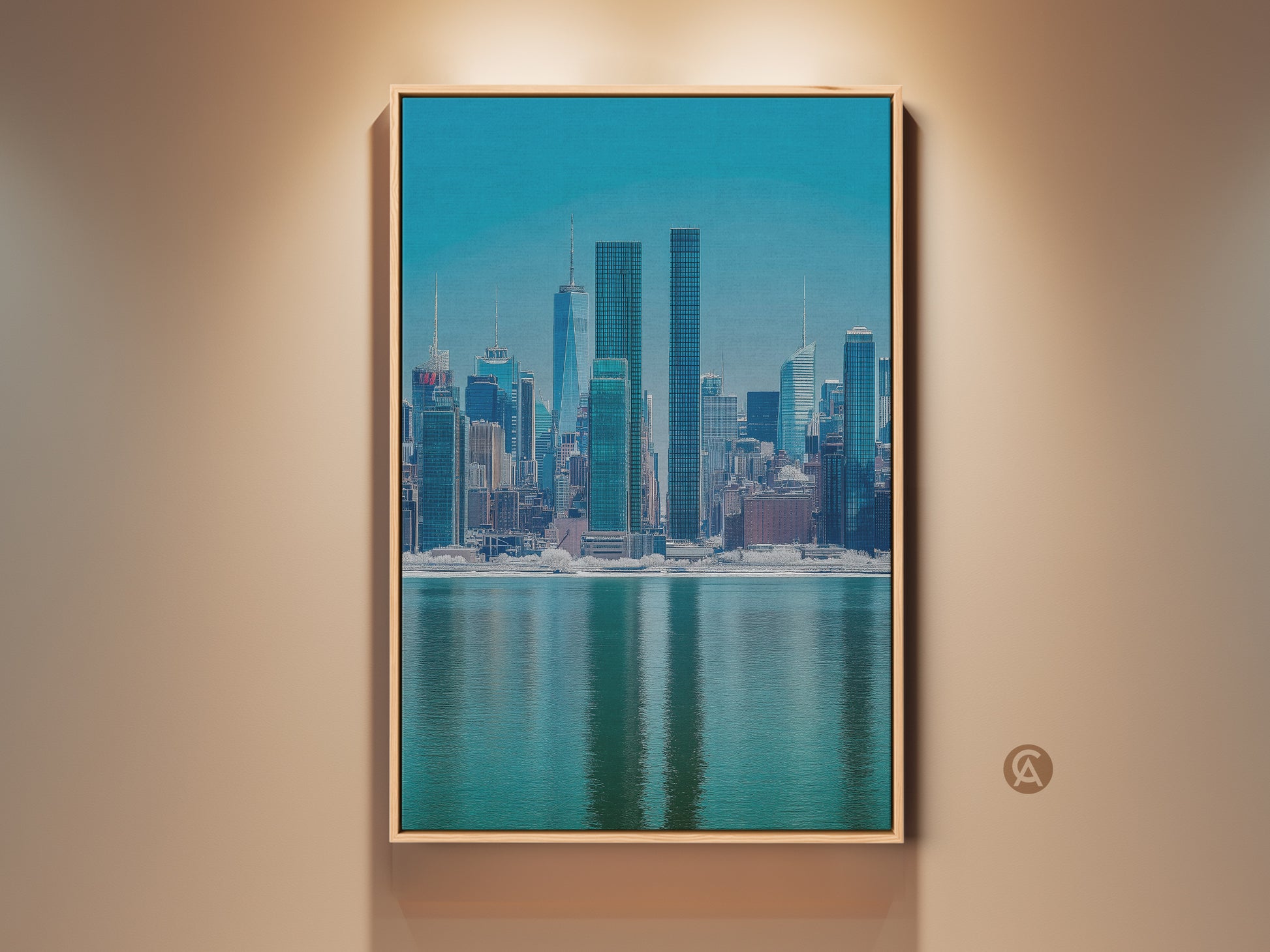 Modern NYC Skyline canvas art in a wood frame. This blue teal cityscape print offers a waterfront urban architecture view. Perfect wall decor for your office or living room. The contemporary artwork adds a touch of sophistication to any space.