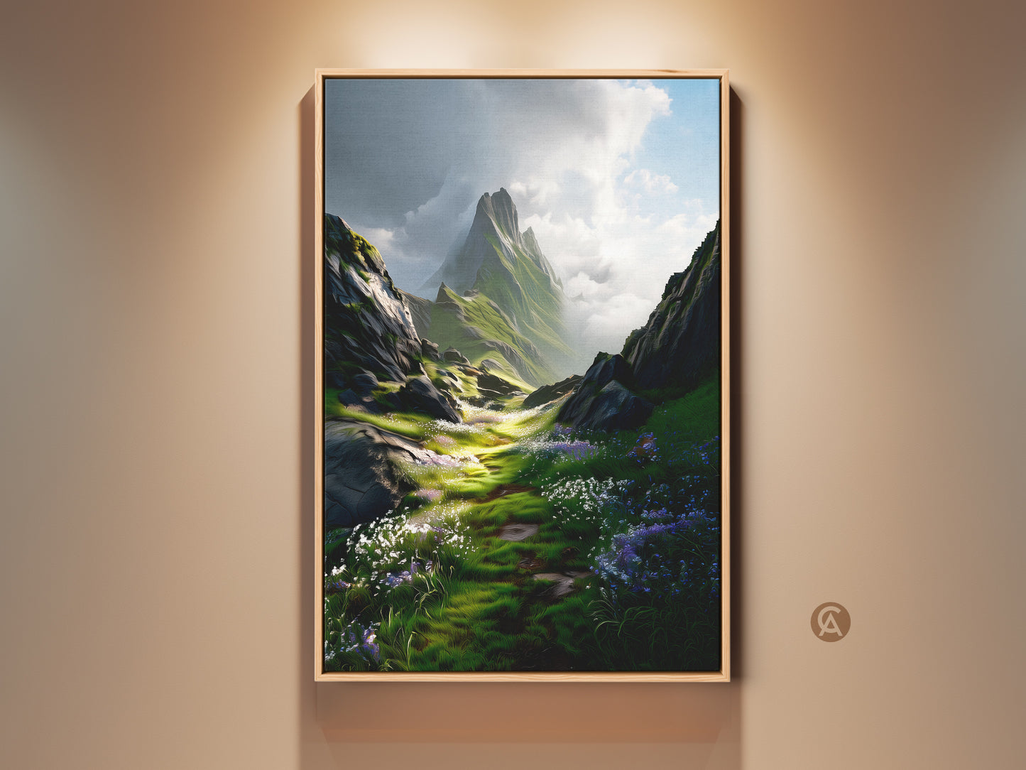 Green Floral Meadow art print on canvas in a floating frame. This mountain landscape canvas showcases nature wall decor. The outdoor scenery artwork is a perfect housewarming gift.