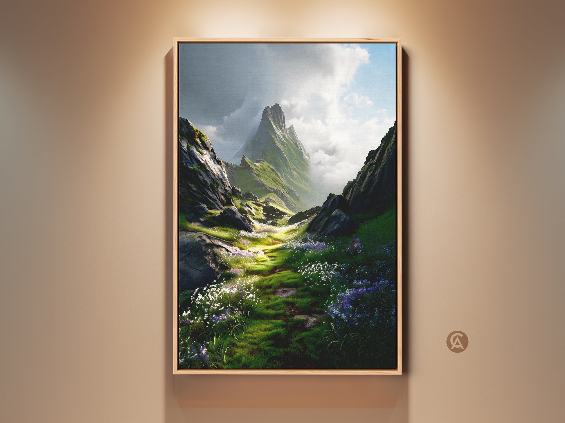 Green Floral Meadow art print on canvas in a floating frame. This mountain landscape canvas showcases nature wall decor. The outdoor scenery artwork is a perfect housewarming gift.
