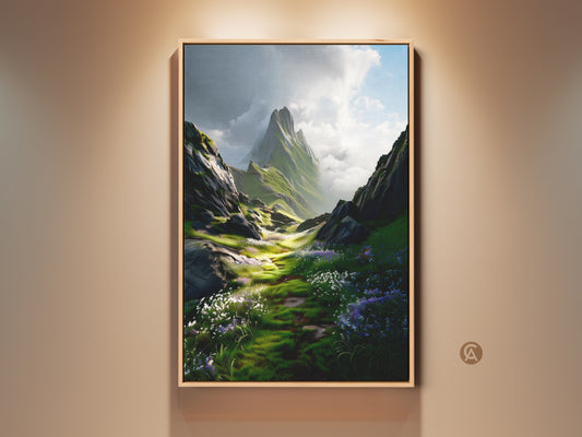 Green Floral Meadow art print on canvas in a floating frame. This mountain landscape canvas showcases nature wall decor. The outdoor scenery artwork is a perfect housewarming gift.