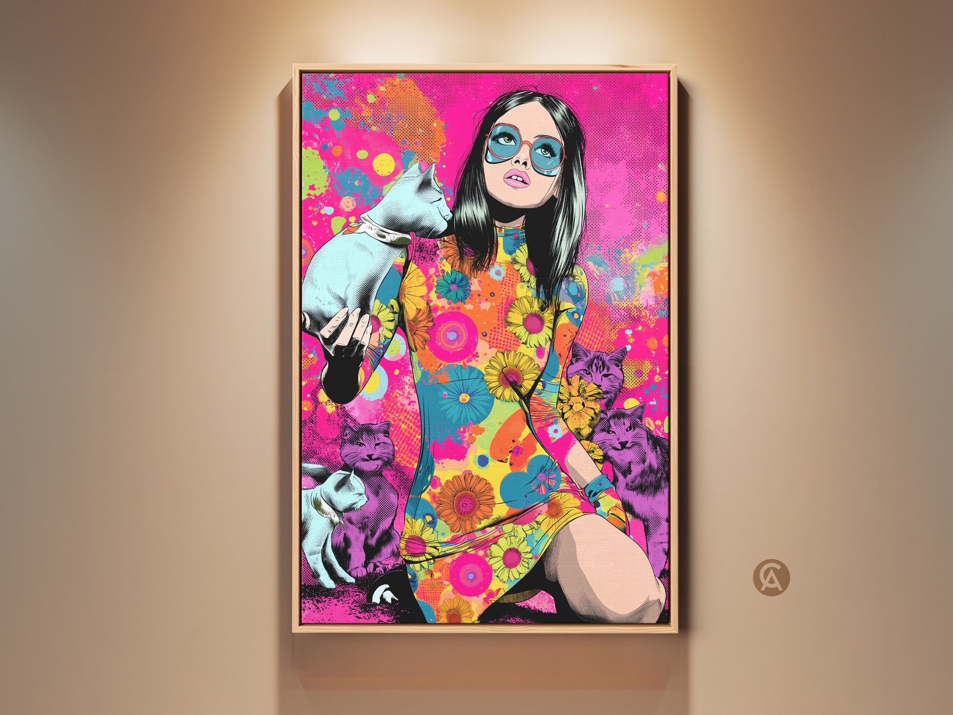This psychedelic pop art canvas features a woman surrounded by cats. The artwork is rendered in vibrant pink blue and yellow colors. It is a striking piece of wall decor for cat lovers and eclectic homes.