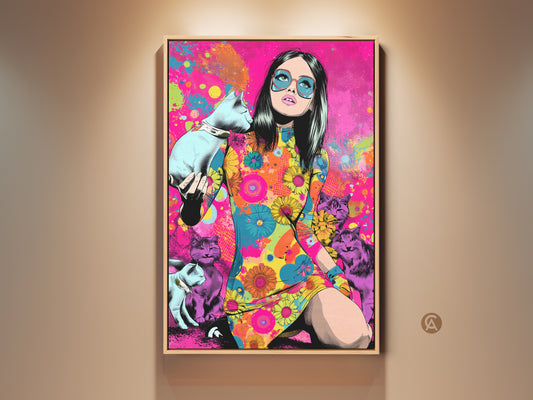 This psychedelic pop art canvas features a woman surrounded by cats. The artwork is rendered in vibrant pink blue and yellow colors. It is a striking piece of wall decor for cat lovers and eclectic homes.