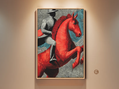 Framed red horse linocut art print. This western rider wall art adds an eclectic touch to any room. Perfect home decor for horse lovers. A bold and unique poster print.