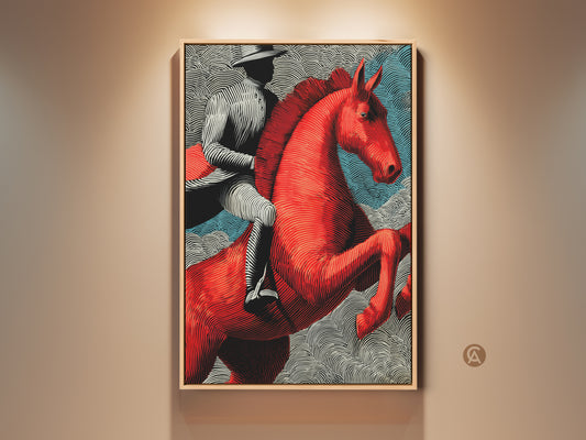 Framed red horse linocut art print. This western rider wall art adds an eclectic touch to any room. Perfect home decor for horse lovers. A bold and unique poster print.
