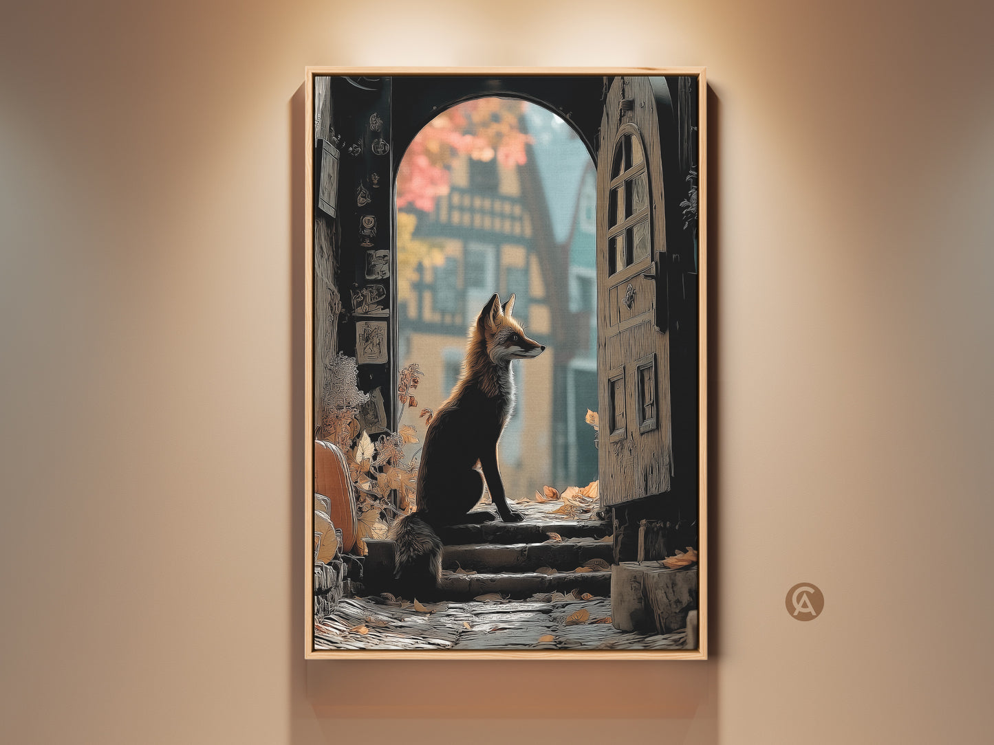An art print of a fox sitting at an archway. The woodland animal art is in a frame. The color palette features gold & brown tones. This makes a great housewarming or animal lover gift.