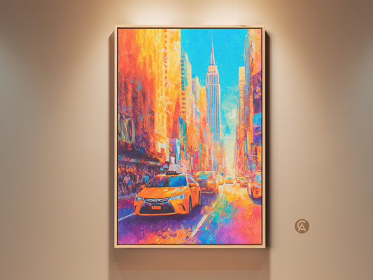 Framed canvas art of a vibrant New York City street scene. An orange taxi cab drives toward the viewer. The iconic Empire State Building rises in the background. The artwork is displayed on a neutral wall. This framed canvas adds a touch of urban energy to any space.