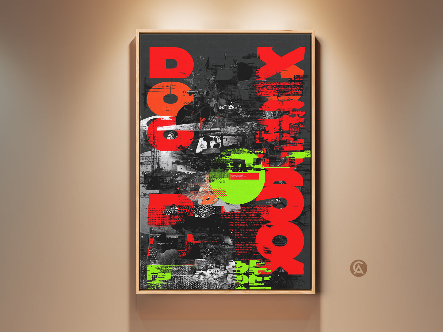 Framed Red Neon Green Abstract Art Print. This Urban Glitch Typography Collage Canvas Wall Art makes for Industrial Office Decor. The geometric shapes add a modern appeal. This unique wall hanging is a great gift for graphic art lovers. The distressed urban art is visually striking and adds a touch of creativity to any space.