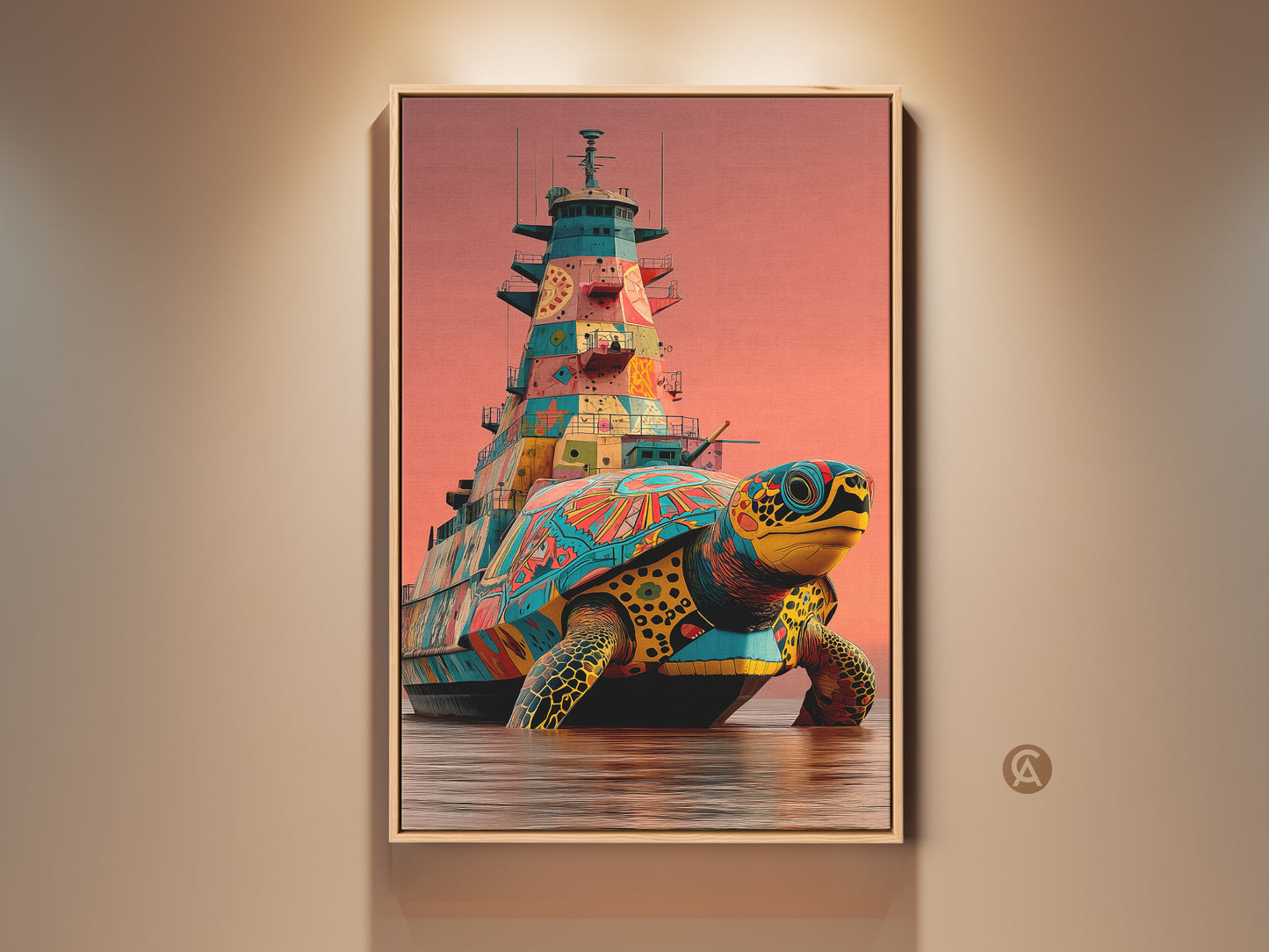Elevate your space with this surreal turtle battleship canvas print. This pop art wall art features a unique fusion of fantasy and marine life. The teal orange yellow palette adds a vibrant eclectic touch. Perfect as an office gift this artwork brings whimsical charm to any wall decor. Get ready to inject personality into your space