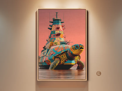 Elevate your space with this surreal turtle battleship canvas print. This pop art wall art features a unique fusion of fantasy and marine life. The teal orange yellow palette adds a vibrant eclectic touch. Perfect as an office gift this artwork brings whimsical charm to any wall decor. Get ready to inject personality into your space