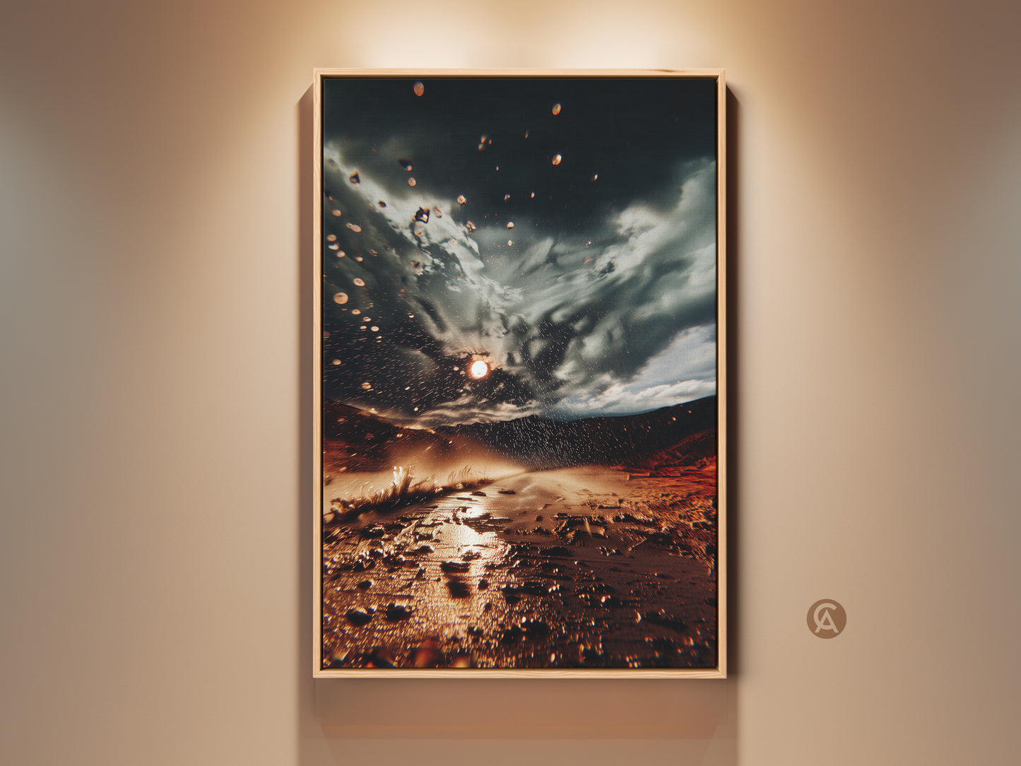 Earth Tones Landscape Art Print in a wooden frame. This surreal desert storm canvas wall art adds eclectic decor to any room. The orange and dark gray artwork creates a dramatic and unique wall hanging.