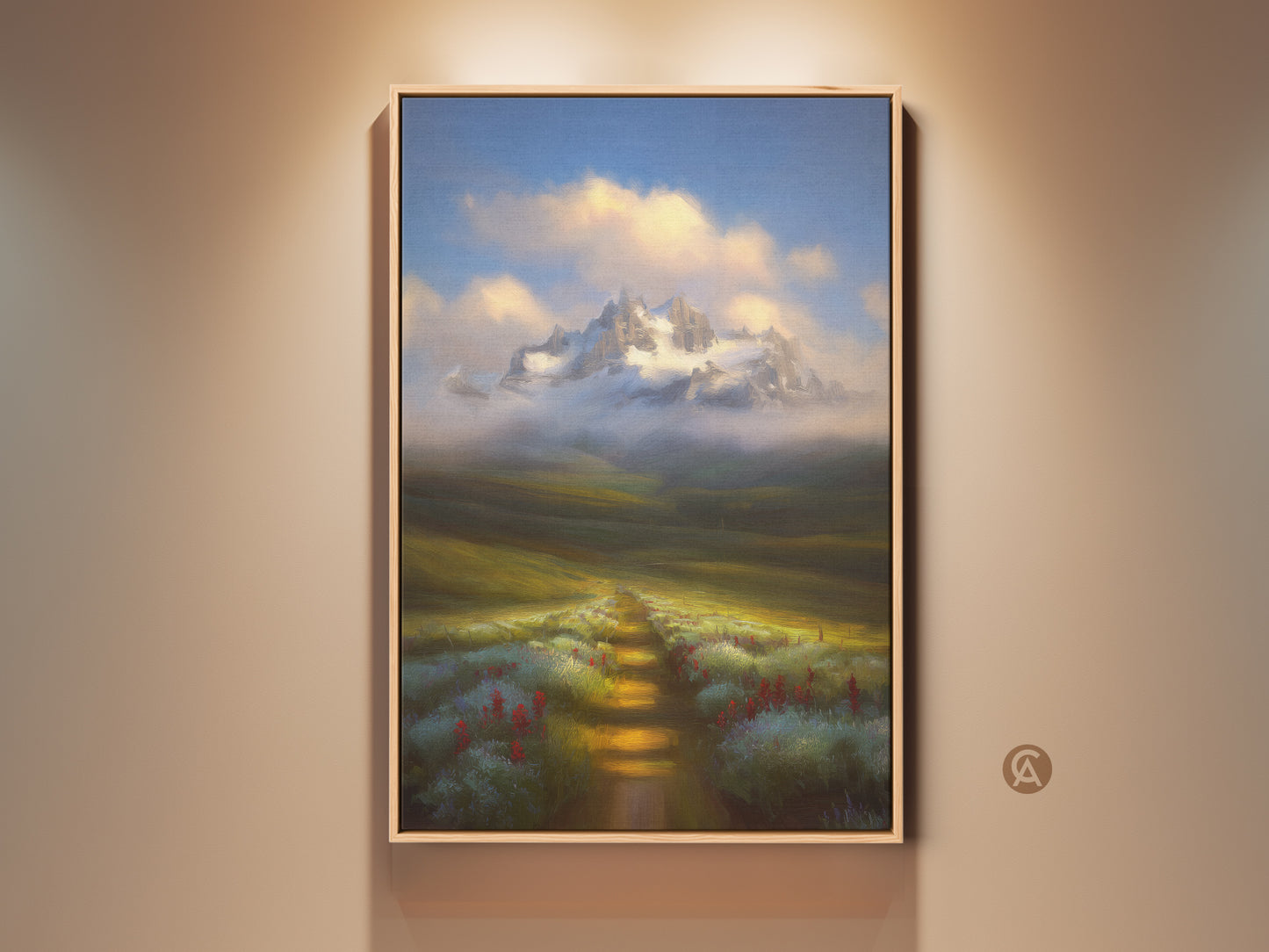 Painterly mountain landscape canvas print in a rustic frame. A pathway leads through wildflowers to snowy peaks under a blue sky. Perfect nature wall decor for a cozy home.
