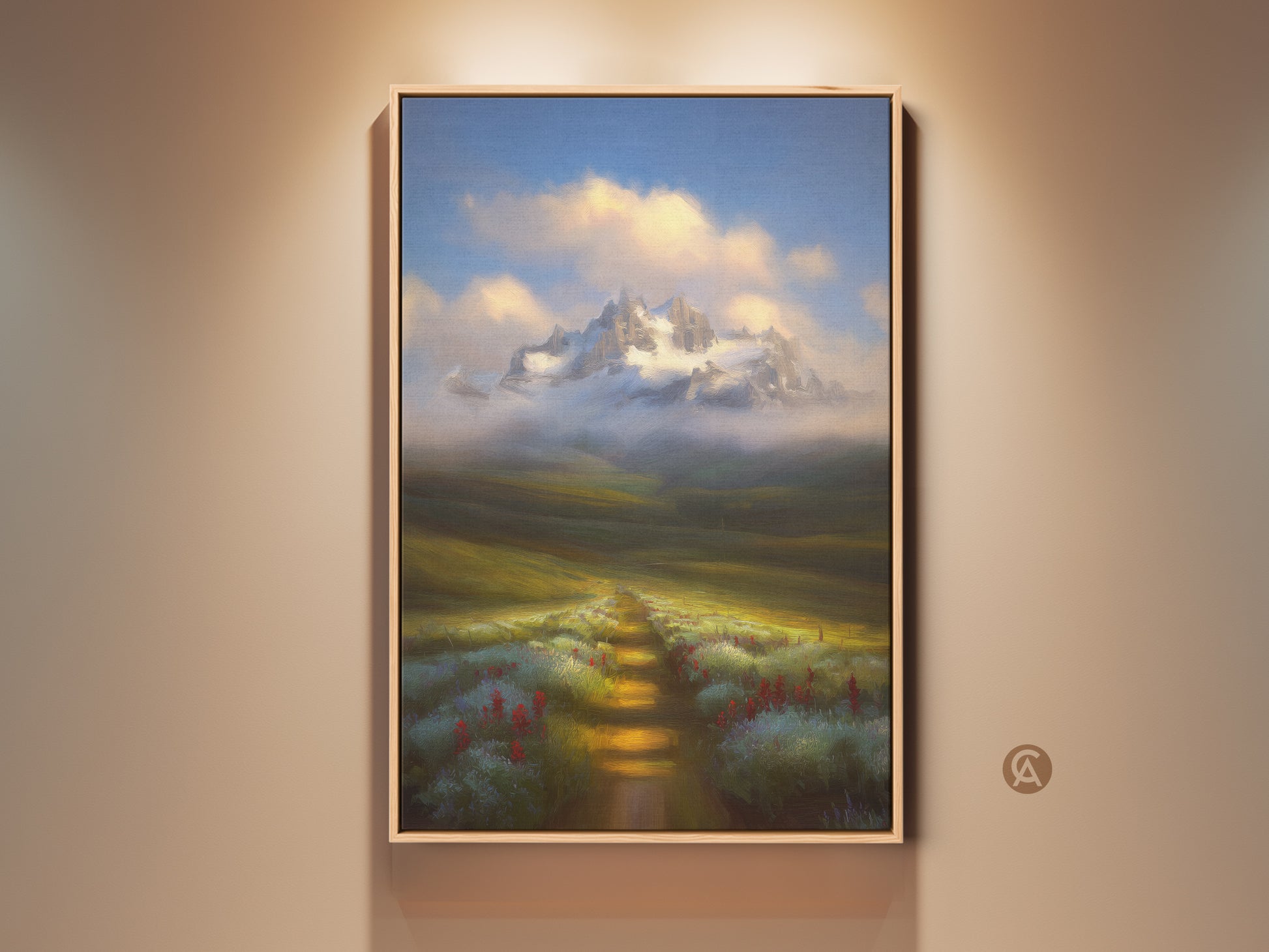 Painterly mountain landscape canvas print in a rustic frame. A pathway leads through wildflowers to snowy peaks under a blue sky. Perfect nature wall decor for a cozy home.