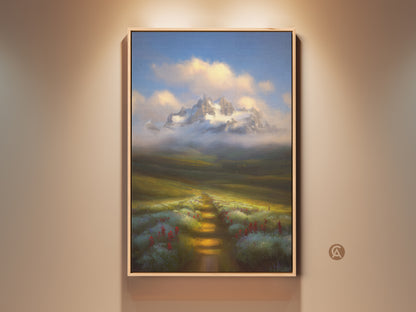 Painterly mountain landscape canvas print in a rustic frame. A pathway leads through wildflowers to snowy peaks under a blue sky. Perfect nature wall decor for a cozy home.