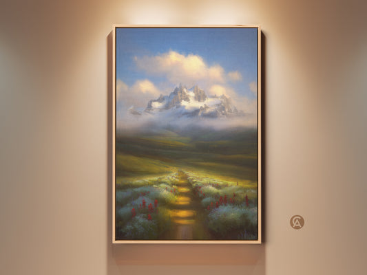 Painterly mountain landscape canvas print in a rustic frame. A pathway leads through wildflowers to snowy peaks under a blue sky. Perfect nature wall decor for a cozy home.