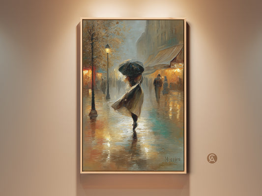 Experience the allure of Paris with this impressionist canvas print. A woman with an umbrella graces a rainy Parisian street. The artwork features gold and teal tones. This romantic cityscape adds European charm to any home decor. Perfect as an anniversary gift or a statement piece for living areas.
