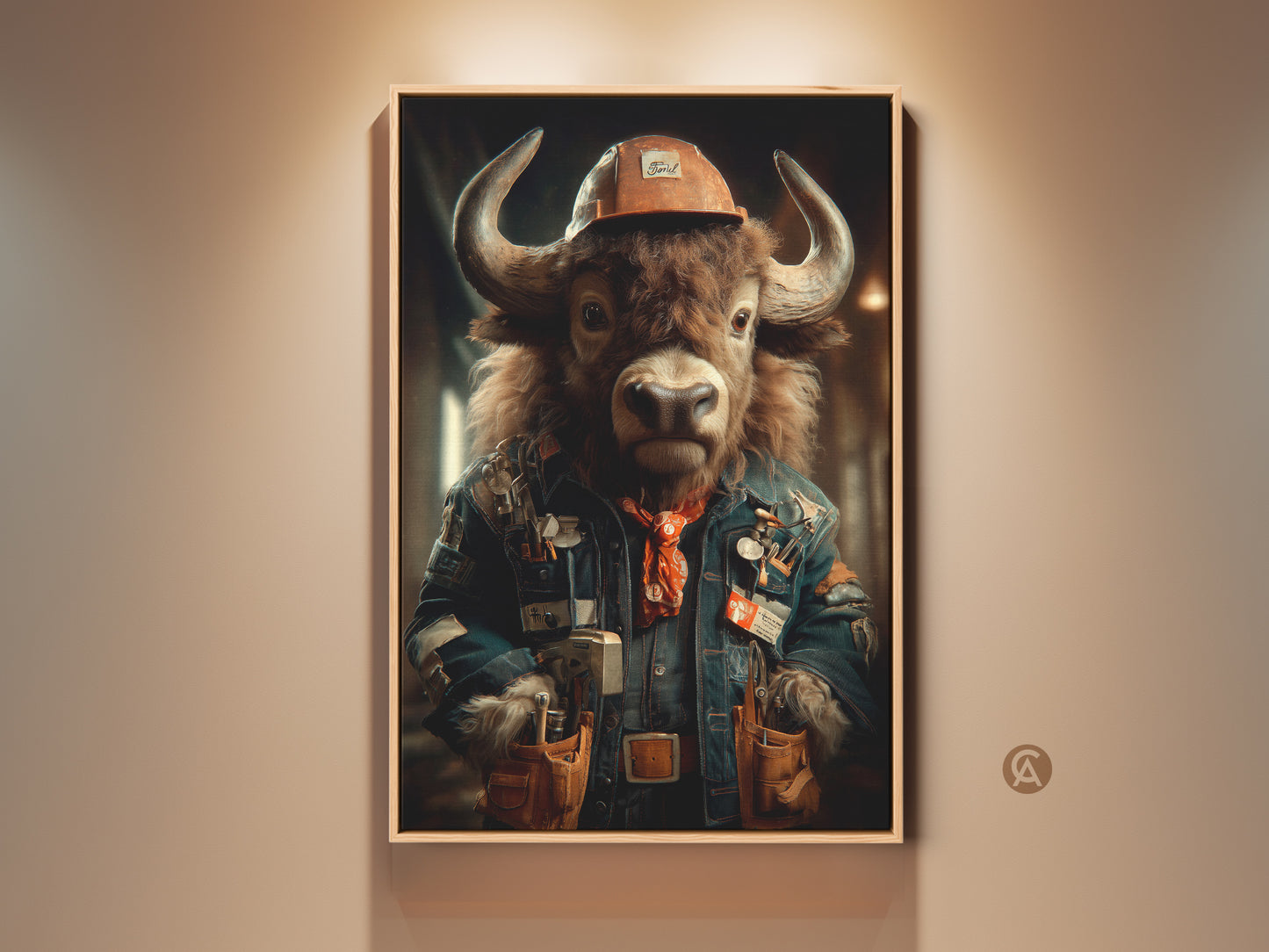 Industrial Buffalo art print in a frame adds rugged charm to any room. The steampunk animal canvas features a denim jacket and orange bandana. This office decor is a unique gift for Father's Day. The anthropomorphic buffalo artwork blends animal and human traits for masculine wall art.