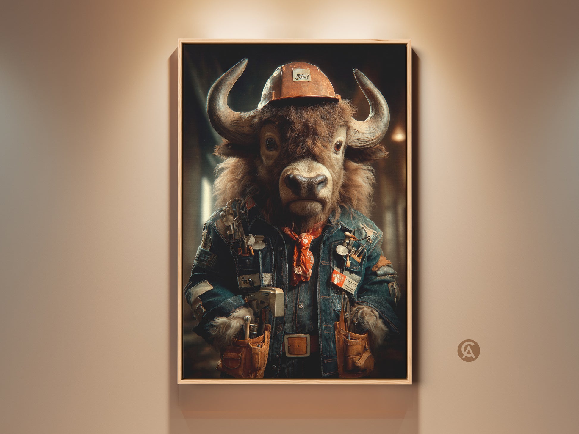 Industrial Buffalo art print in a frame adds rugged charm to any room. The steampunk animal canvas features a denim jacket and orange bandana. This office decor is a unique gift for Father's Day. The anthropomorphic buffalo artwork blends animal and human traits for masculine wall art.