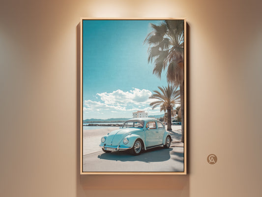 Framed artwork capturing a vintage light blue Volkswagen Beetle parked along a sunny beach road. Palm trees sway in the background against a clear blue sky. This automotive art brings coastal vibes to any space.