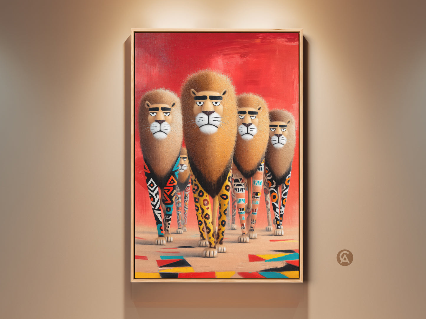 Framed canvas art featuring a group of lions with tribal geometric patterns is displayed. This unique wildlife artwork includes red orange and black colors adding an eclectic touch. A striking piece of animal art ideal as a gift for animal lovers or as a statement decor.