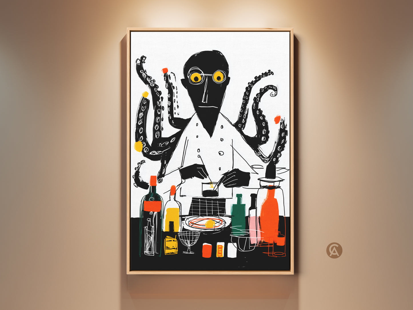 Close-up of an octopus chef print. This kitchen wall art features an abstract eclectic art style. The black white and yellow canvas art is perfect as housewarming gift.