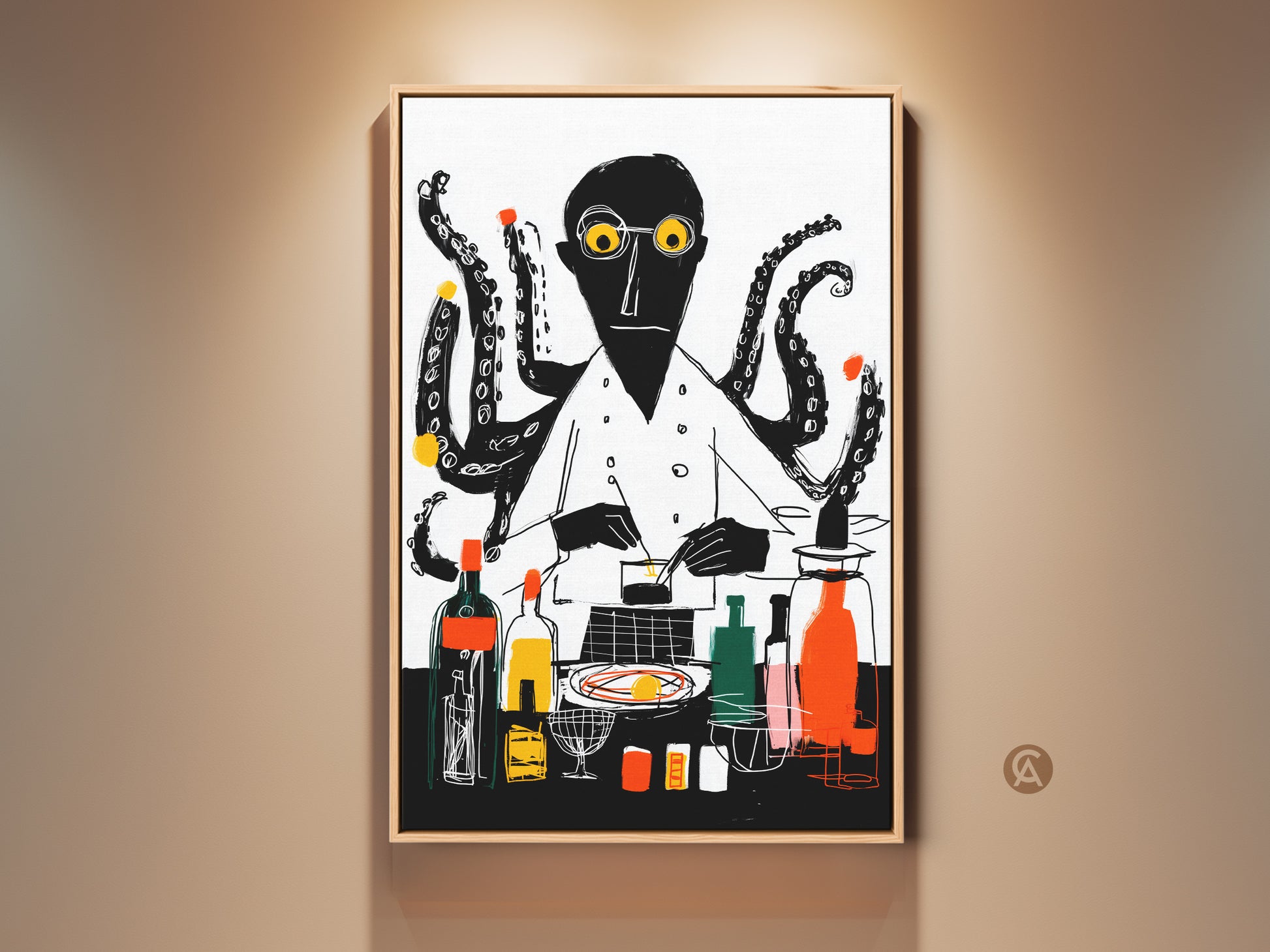 Close-up of an octopus chef print. This kitchen wall art features an abstract eclectic art style. The black white and yellow canvas art is perfect as housewarming gift.