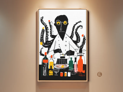 Close-up of an octopus chef print. This kitchen wall art features an abstract eclectic art style. The black white and yellow canvas art is perfect as housewarming gift.