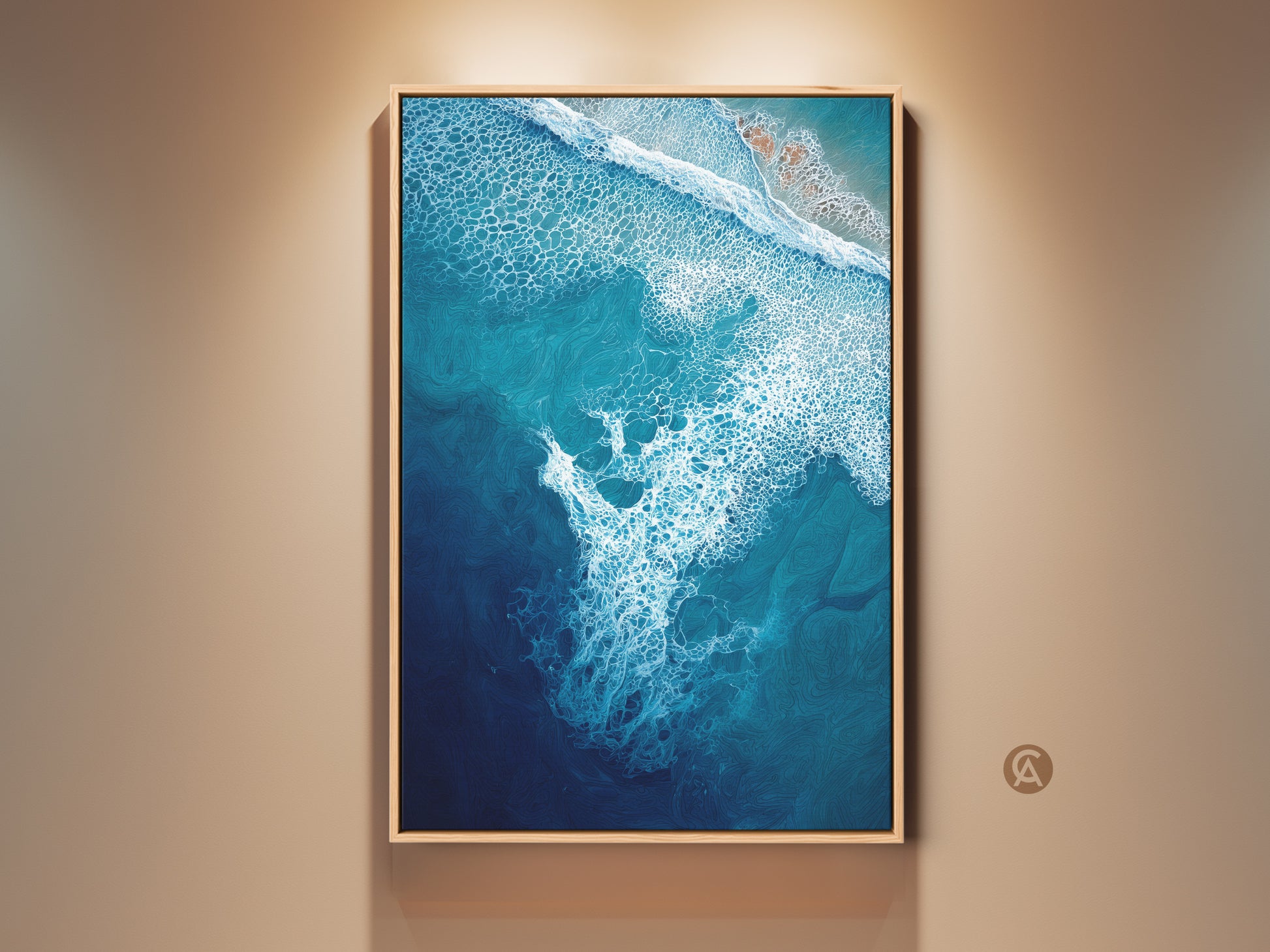 Framed deep blue ocean wave canvas art brings coastal tranquility. The turquoise aerial view artwork in a natural wood frame enhances bedroom wall decor. It's a perfect beach gift for ocean lovers. This abstract coastal print captures the sea's beauty. Ready to hang abstract seascape painting for your home.
