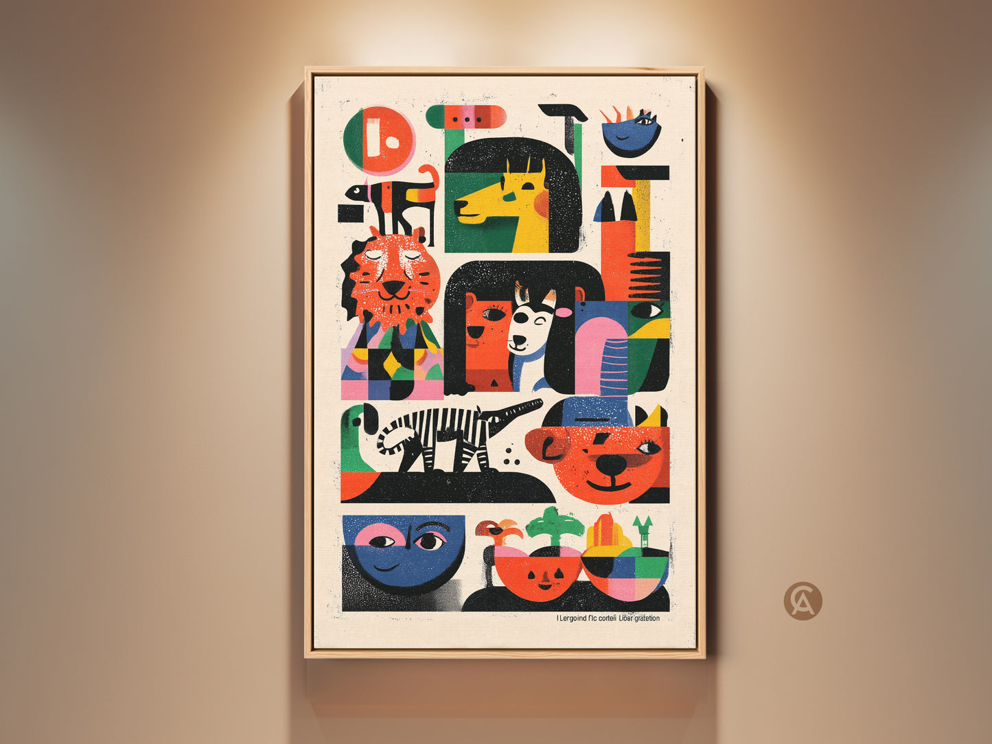 Framed folk art animal print for kids room decor. This mid-century modern wall art features abstract tigers and zebras in orange yellow and green. A joyful statement piece for eclectic nursery decor.