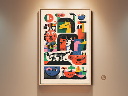 Framed folk art animal print for kids room decor. This mid-century modern wall art features abstract tigers and zebras in orange yellow and green. A joyful statement piece for eclectic nursery decor.