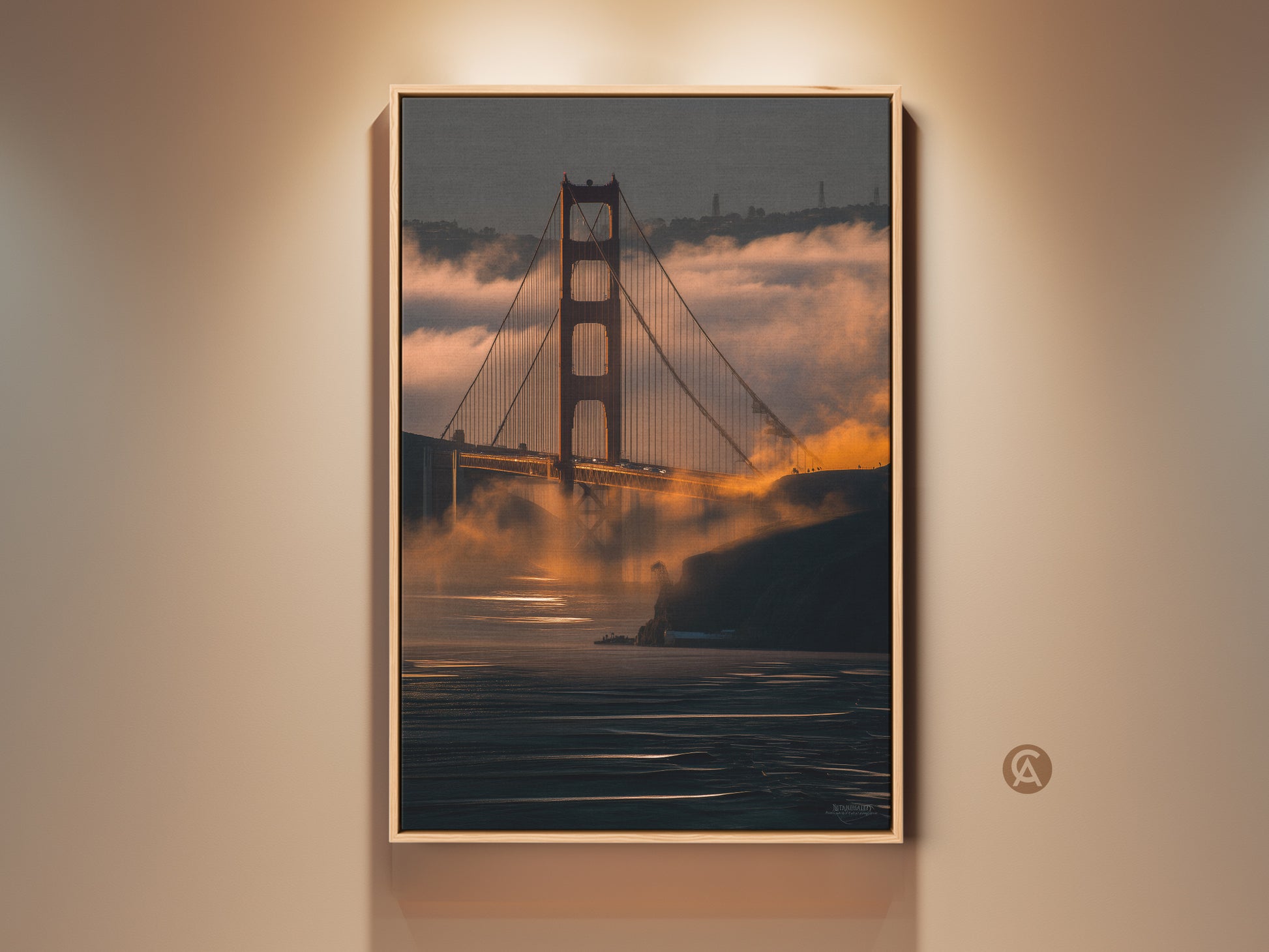 Stunning Golden Gate Bridge canvas artwork Shrouded in fog. Bathed in orange and gold light. Perfect wall decor for your home or office. A great travel gift idea.