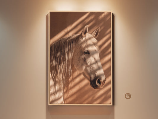Rustic horse wall art in sepia monochrome. This canvas print features a photorealistic animal portrait. Ideal beige brown home decor for bedroom or living room. A striking equestrian themed artwork.