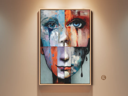Framed expressive face art print displayed in a room setting. The abstract portrait features a blue orange teal color palette. This eclectic artwork enhances home office and bedroom walls. It makes a thoughtful gift for art lovers.