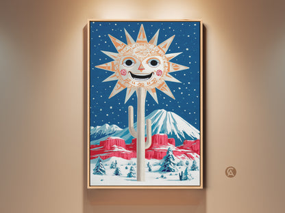 Retro folk art print featuring a smiling sun and a snowy desert landscape. The orange sun rises above cacti and snow-covered mountains. This canvas art is perfect for eclectic entryway wall decor. A unique housewarming gift for desert art lovers. This winter landscape poster has a retro desert theme.