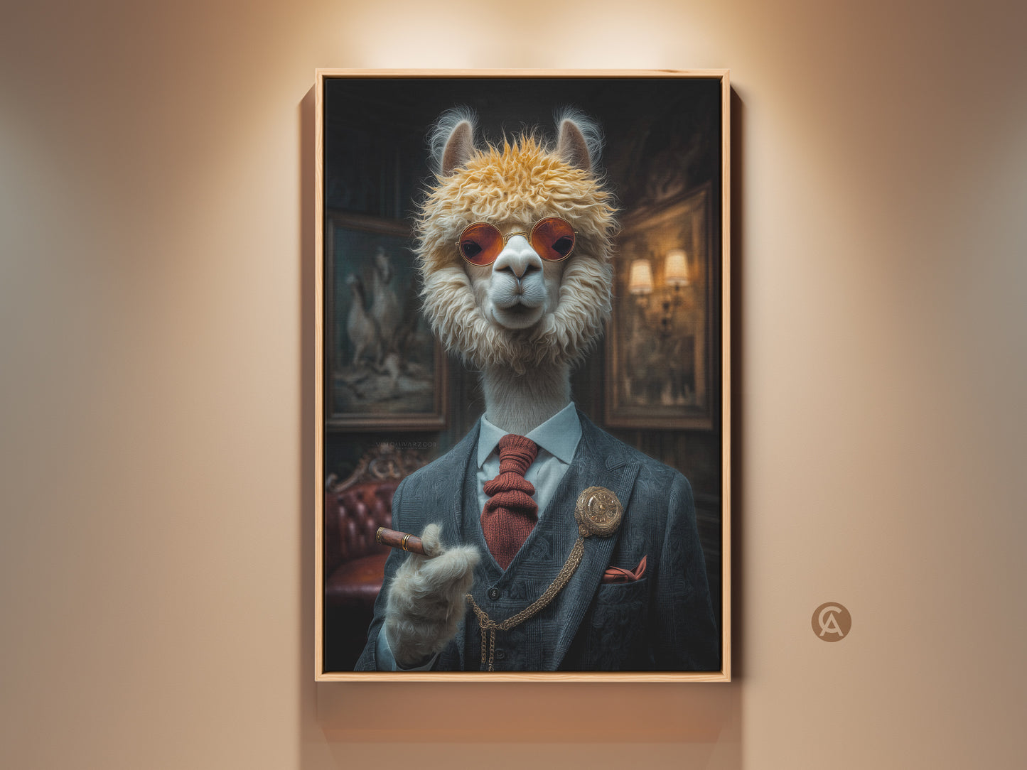 Sophisticated alpaca art print. This dapper gentleman wears a suit and cigar. Beige tones offer an eclectic touch for home or office decor. A unique animal portrait.