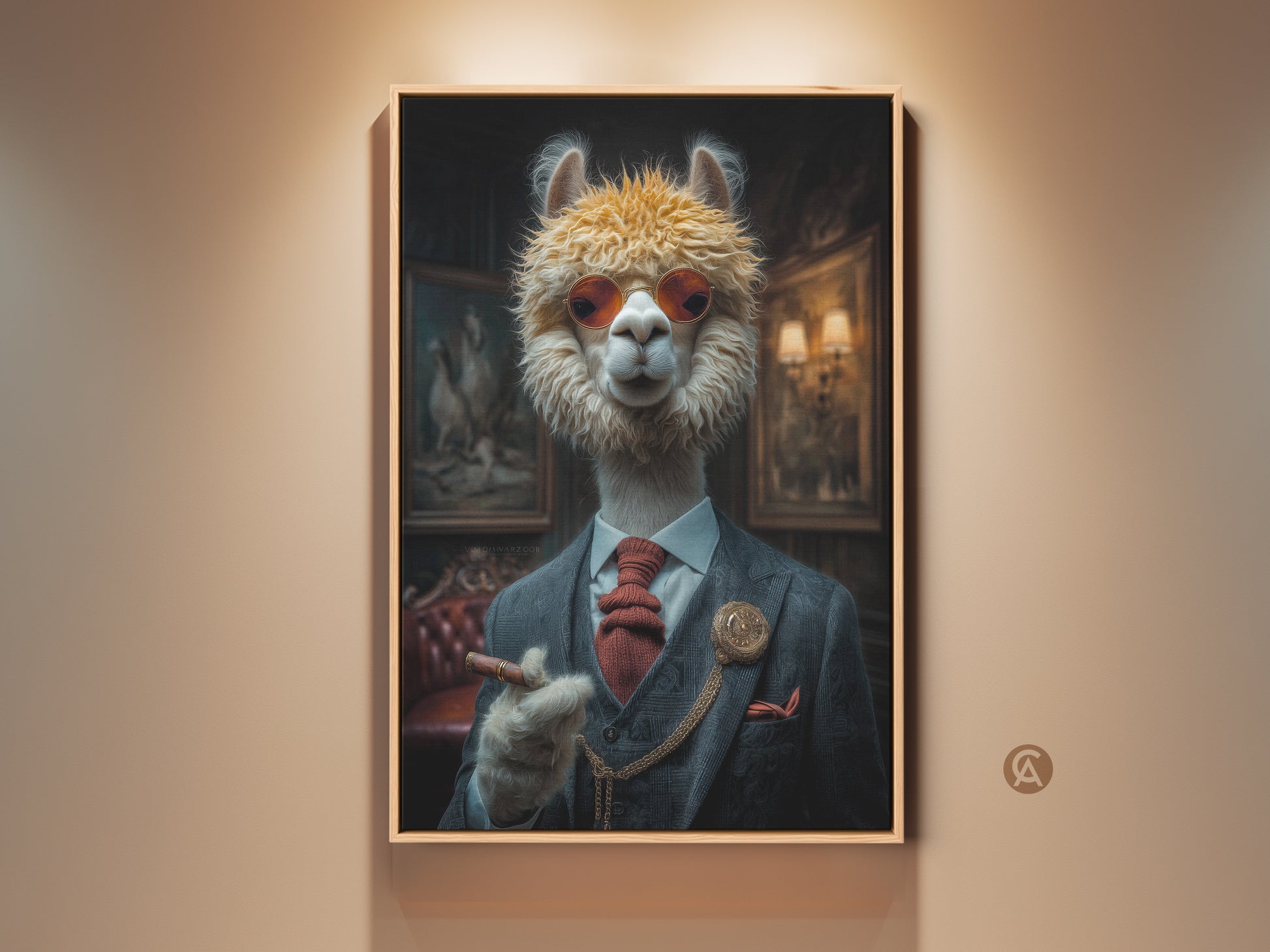 Sophisticated alpaca art print. This dapper gentleman wears a suit and cigar. Beige tones offer an eclectic touch for home or office decor. A unique animal portrait.