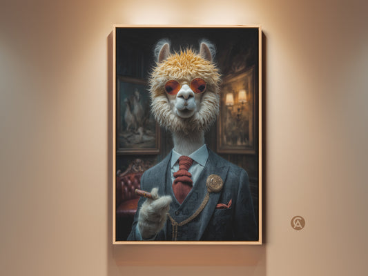Sophisticated alpaca art print. This dapper gentleman wears a suit and cigar. Beige tones offer an eclectic touch for home or office decor. A unique animal portrait.