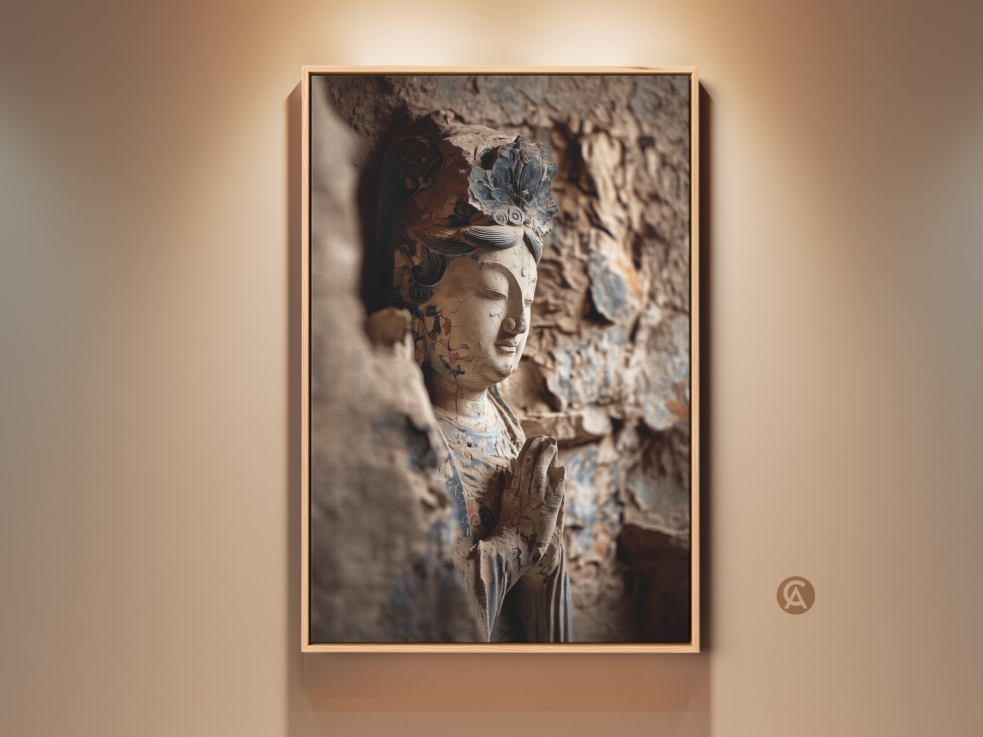 Behold a serene Zen Buddha statue artwork. This terracotta and beige canvas art captures an ancient sculpture. It is perfect eclectic meditation room wall decor. A thoughtful housewarming gift.