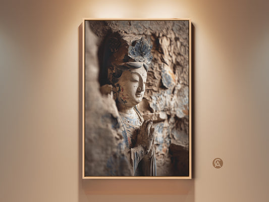 Behold a serene Zen Buddha statue artwork. This terracotta and beige canvas art captures an ancient sculpture. It is perfect eclectic meditation room wall decor. A thoughtful housewarming gift.