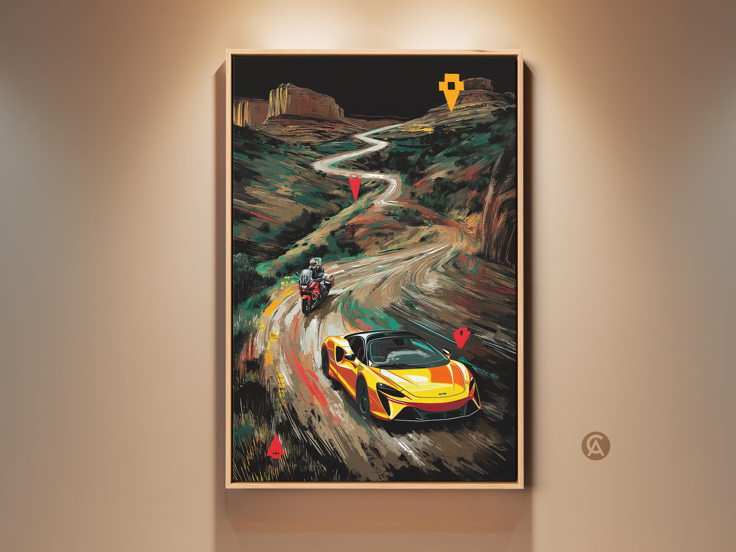 Modern landscape art print featuring a yellow McLaren and motorcycle on a winding road. This vibrant canvas art adds a dynamic touch to any room. A perfect gift for car enthusiasts and adventure lovers. Ideal for office wall art or garage decor showcasing a scenic route with a sporty automotive theme