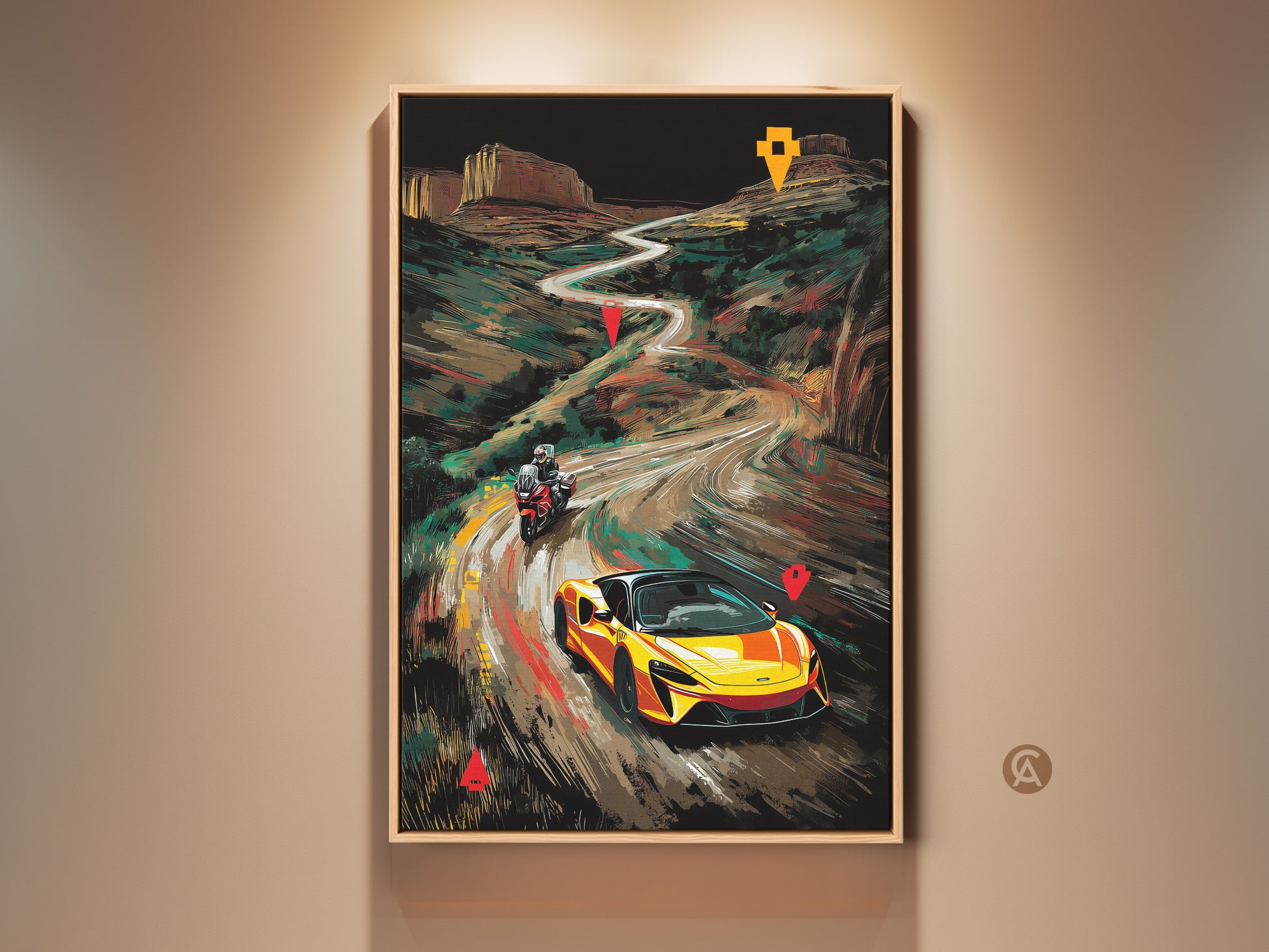 Modern landscape art print featuring a yellow McLaren and motorcycle on a winding road. This vibrant canvas art adds a dynamic touch to any room. A perfect gift for car enthusiasts and adventure lovers. Ideal for office wall art or garage decor showcasing a scenic route with a sporty automotive theme