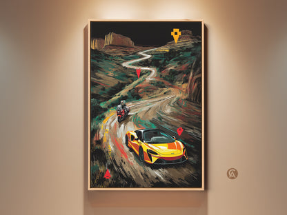 Modern landscape art print featuring a yellow McLaren and motorcycle on a winding road. This vibrant canvas art adds a dynamic touch to any room. A perfect gift for car enthusiasts and adventure lovers. Ideal for office wall art or garage decor showcasing a scenic route with a sporty automotive theme