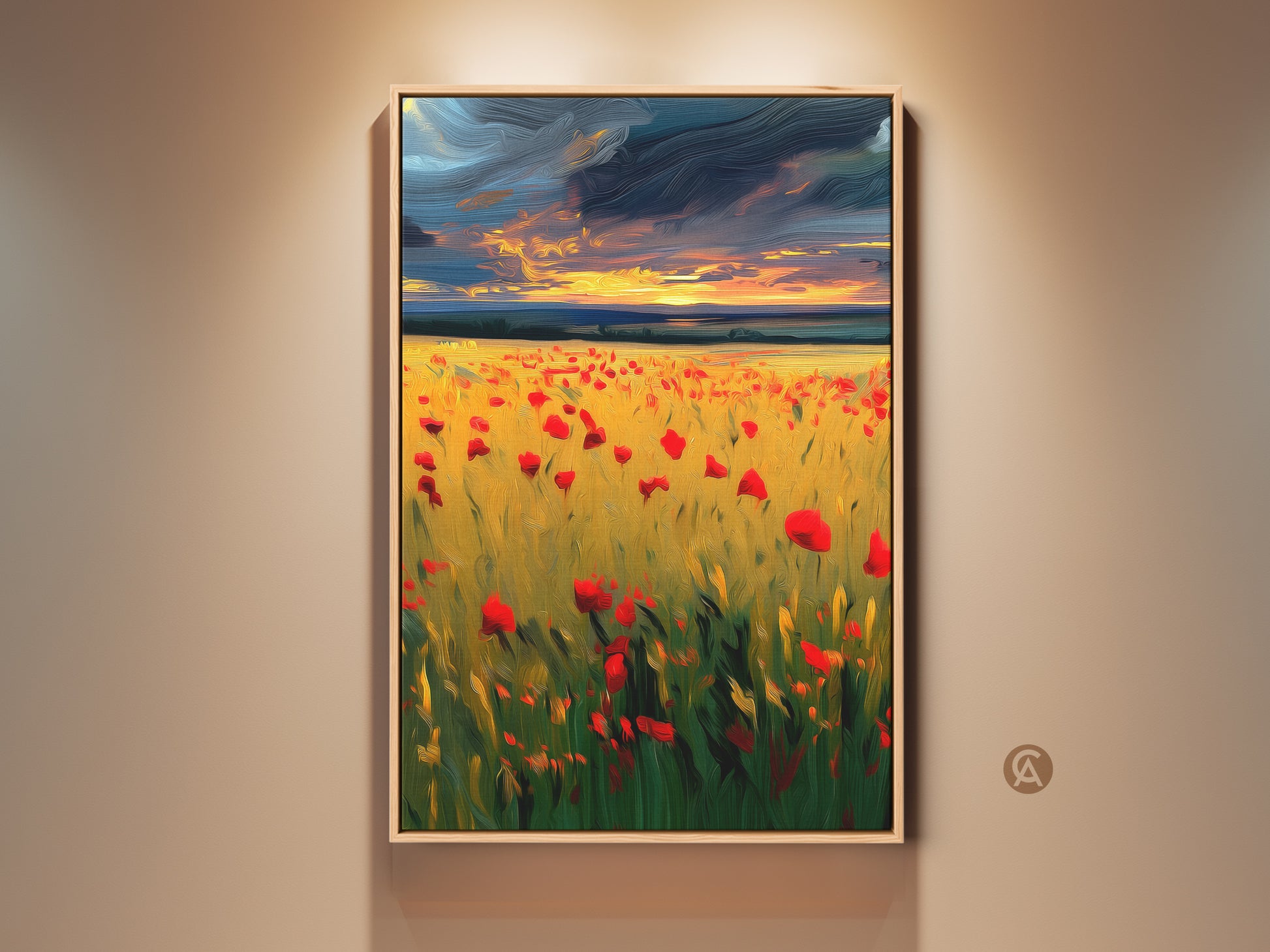 Impressionistic sunset canvas wall art showcases a vibrant red poppy field. Golden light kisses the landscape creating a warm inviting glow. Perfect boho bedroom decor and a thoughtful housewarming gift for nature art lovers.