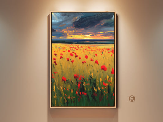 Impressionistic sunset canvas wall art showcases a vibrant red poppy field. Golden light kisses the landscape creating a warm inviting glow. Perfect boho bedroom decor and a thoughtful housewarming gift for nature art lovers.