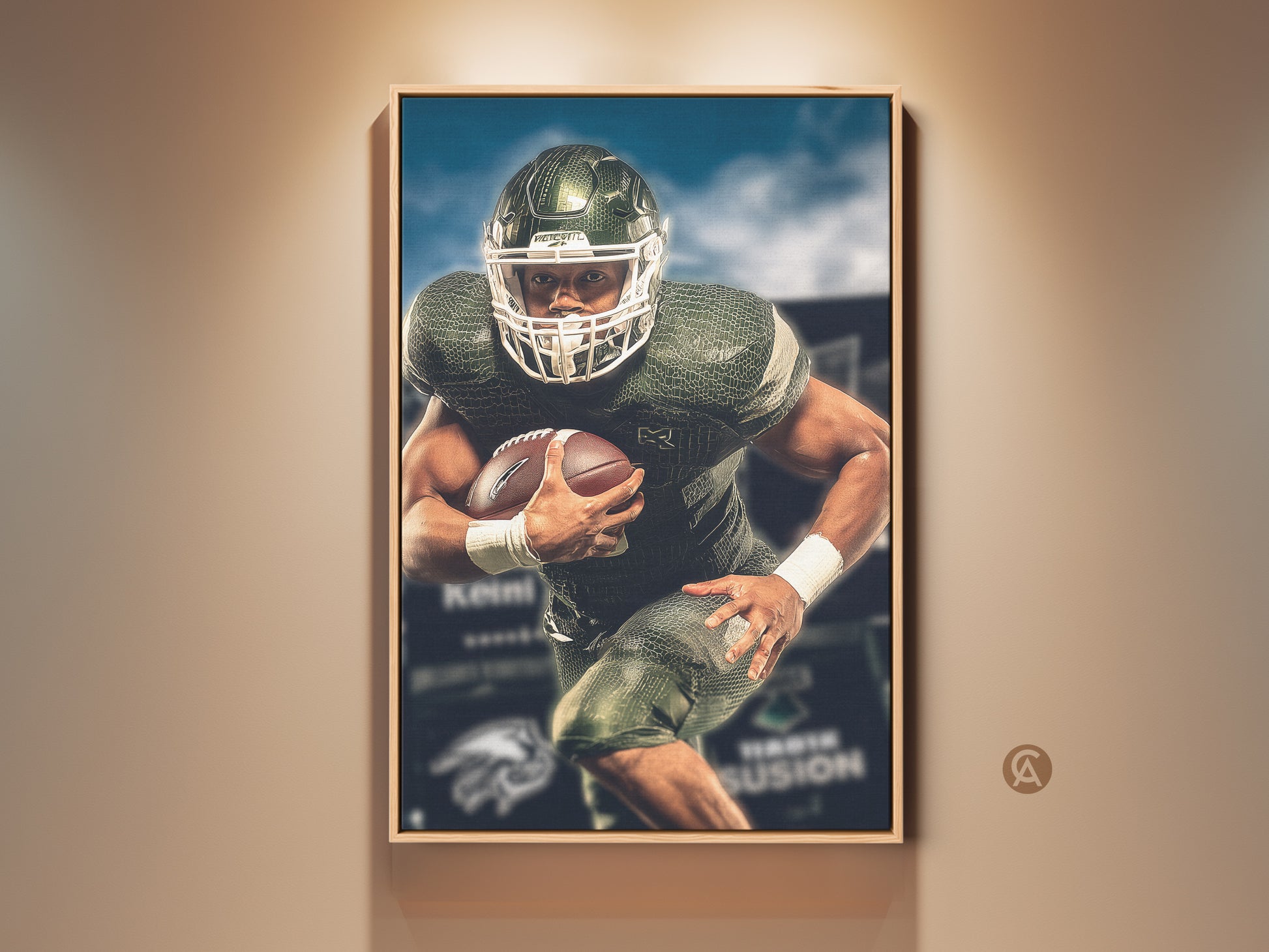 American football player canvas art print. This sports action wall art features a dynamic pose. The green and white artwork will add an energetic vibe to your man cave or office sports decor. A perfect gift for a football fan.
